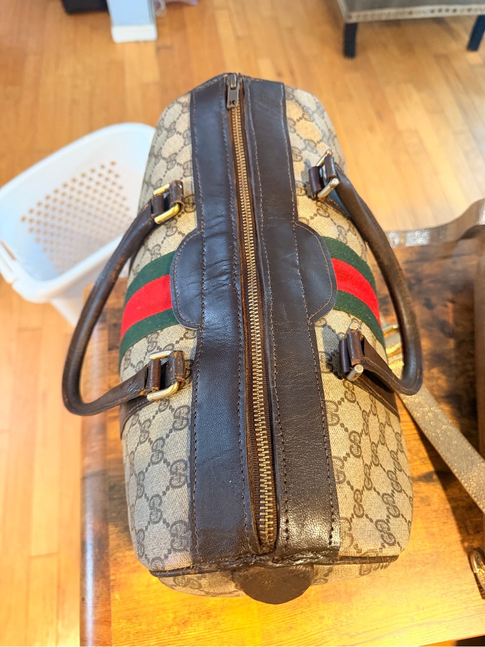 Gucci Beige Monogram Duffel with Red & Green Center Stripe - Picture 7 of 12